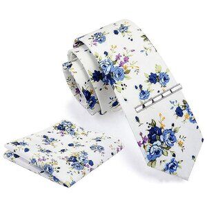 Floral Printed Necktie Tie Clip Pocket Square Sets Blue